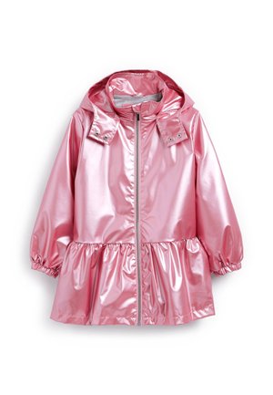 Imperméable rose brillant avec capuche, fermeture éclair frontale, taille froncée et poignets élastiques aux manches longues, conçu pour enfants.