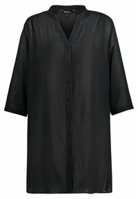 Schwarzes Hemd mit Knopfleiste, V-Ausschnitt und dreiviertel Ärmeln, aus leichtem Stoff. Hat eine weiche Textur und einen geraden Schnitt.