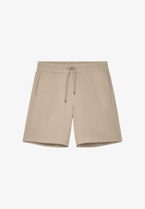 Beige casual korte broek met elastische tailleband, trekkoord en zijzakken, gemaakt van zachte, comfortabele stof.