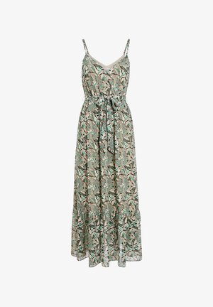 Robe maxi sans manches avec fines bretelles, col en V, ceinture à la taille, et motif abstrait de feuilles vertes, beiges et noires sur tissu léger.