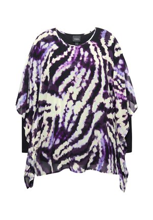 Poncho vibrante de patrones púrpura y negro con mangas anchas, fabricado en un material ligero y fluido, y con un escote redondeado.