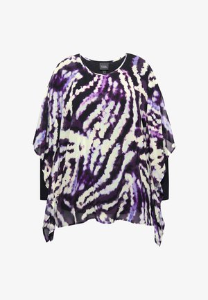 Jasnofioletowy i czarny ponczo w wzory, o szerokich rękawach, wykonane z lekkiego, zwiewnego materiału, z okrągłym dekoltem.