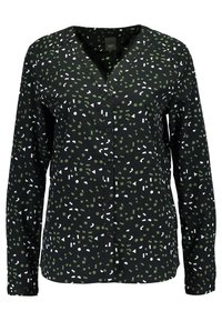 Camicia nera con bottoni, caratterizzata da un motivo geometrico in bianco e verde, con maniche lunghe e design a V. Tessuto con una trama liscia.