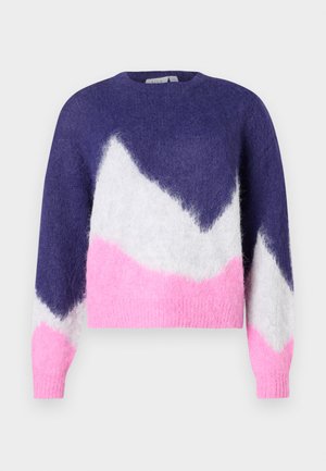 Chunky trui met lange mouwen in een paars, wit en roze fuzzy chevronpatroon, ronde hals en ribgebreide mouwen en onderkant.