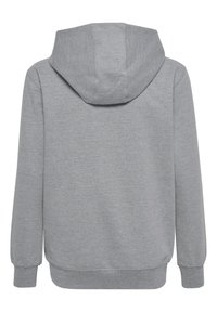Grau melierte Kapuzenpullover mit einer glatten Textur, langen Ärmeln, gerippten Bündchen und Saum, einfachem Design und ohne sichtbare Grafiken.
