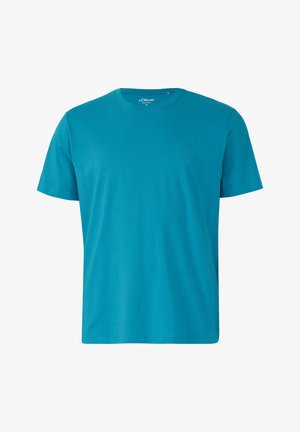 Solides türkisfarbenes T-Shirt aus Baumwolle mit kurzem Arm und Rundhalsausschnitt, Größe 2XL, mit kleinem, geprägtem Markenzeichen auf der linken Brust.