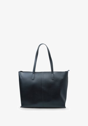 Sort læder tote bag med to håndtag, rektangulær form, struktureret overflade og en central syning. Ingen synlig hardware eller dekorationer.