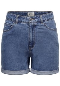 Denimshorts i ljusblått med hög midja, uppvikta ärmavslut, framfickor och en liten logotyp synlig vid midjebandet.