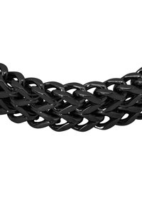 Catena in maglia intrecciata nera, caratterizzata da anelli ovali con superficie liscia e riflettente e un design intrecciato, che crea un aspetto testurizzato.