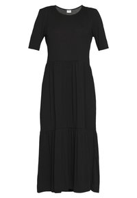 Schwarzes Maxikleid mit kurzen Ärmeln, rundem Ausschnitt und einem geschichteten, lässigen Saum. Hergestellt aus weichem, leichtem Stoff.