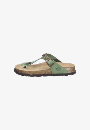 Green leather thong sandal with adjustable buckle, suede footbed, cork sole, and black rubber outsole, designed for casual wear.