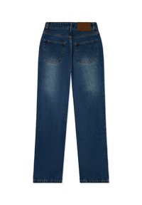 Világoskék farmernadrág, egyenes szárú szabással, két hátizsebbe és egy barna bőr címkébe az öv részen.