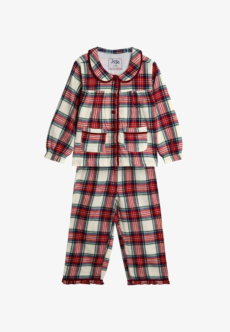 Peutermaat rood, wit en groen geruit langemouwen shirt met kraag en knopen, gecombineerd met bijpassende broek met ruches aan de onderkant.