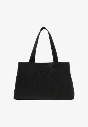 Sac fourre-tout noir avec une texture lisse, un accent de logo triangulaire et deux anses texturées pour le porter. Forme rectangulaire simple.