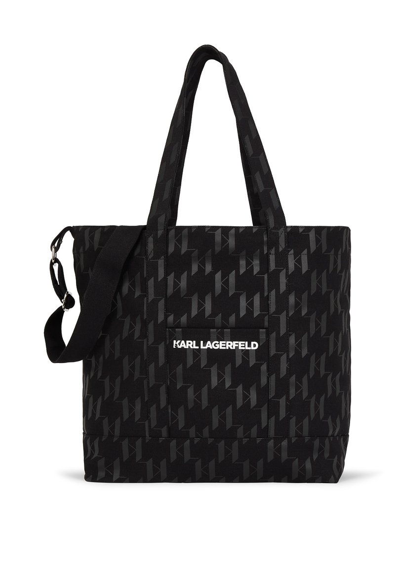 Sac fourre-tout noir avec un motif géométrique dans des nuances de noir. Comprend des poignées doubles et une bandoulière amovible. Logo Karl Lagerfeld affiché.
