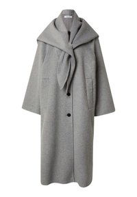 Grauer Wollmantel mit breitem, umgeschlagenem Kragen, Knopfverschluss und zwei seitlichen Taschen. Hat eine lockere Passform und eine glatte Textur.
