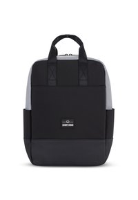 Black backpack with gray accents, made of durable fabric. Features a top handle, adjustable straps, and side pockets. Brand logo displayed.