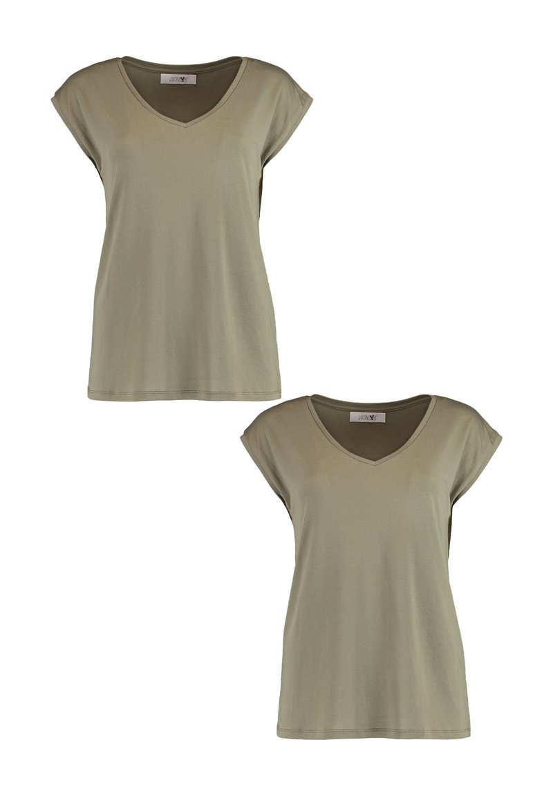 Light green T-shirt made of soft fabric, featuring a V-neck, short sleeves, and a relaxed fit. Simple design with no visible patterns or accents.