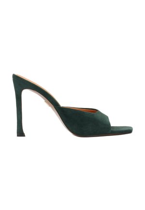 Zielone szpilki z otwartym noskiem ze skóry zamszowej o smukłym designie, zwężającej się sylwetce i 10 cm obcasie typu szpilka. Gładka faktura i minimalistyczne akcenty.