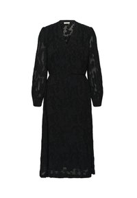 Schwarzes Midikleid mit floraler Spitzenüberlage, V-Ausschnitt, langen Puffärmeln und einer definierten Taille. Semi-sichtbarer Stoff.