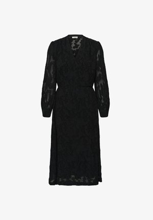 Black midi dress with floral patterned lace overlay, v-neckline, long puff sleeves, and a defined waistline. Semi-sheer fabric.