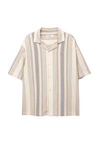 Chemise à manches courtes avec des rayures verticales beige, marron et grise. Dotée d'un col à revers et d'une coupe décontractée.