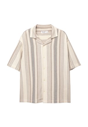 Korte mouwen overhemd met verticale strepen in beige, bruin en grijs. Heeft een notched kraag en een relaxte pasvorm.
