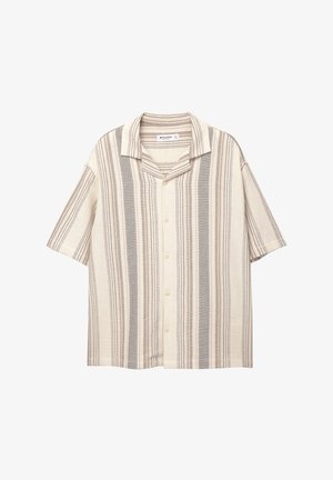 Korte mouwen overhemd met verticale strepen in beige, bruin en grijs. Heeft een notched kraag en een relaxte pasvorm.