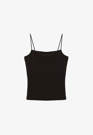 Black sleeveless top with thin adjustable straps, a fitted silhouette, and a smooth, stretchy fabric. Simple design with no patterns or embellishments.