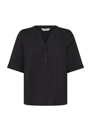 Schwarze Bluse mit kurzen Ärmeln, kragenlosem V-Ausschnitt und drei Knöpfen vorne, mit umgeschlagenen Ärmelbündchen und legerer Passform.
