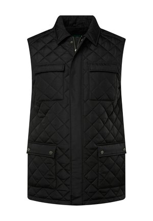 Zwarte gequiltde vest met een hoge kraag, voorzien van twee voorzakken, ritsluiting en een textuur, geïsoleerde stof.