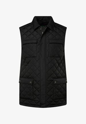 Schwarz gestepptes Weste mit hohem Kragen, zwei frontalen Taschen, Reißverschluss und einem strukturierten, isolierten Stoff.