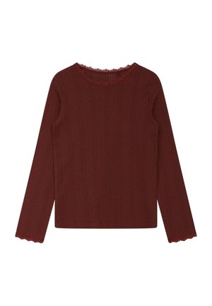 Langærmet burgundy top med subtile lodrette teksturerede striber og blondekant ved halsudskæring og manchetter.