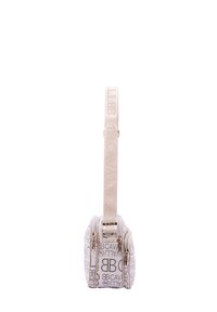 Piccola borsa strutturata in tessuto grigio chiaro con motivo a logo. Cerniere dorate e una ampia tracolla con marchio completano il design.
