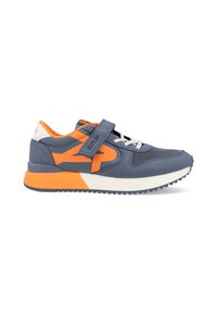 Blauwe en oranje sport schoen van gaas en synthetisch materiaal, met een klittenbandsluiting, witte accenten en een rubberen zool.