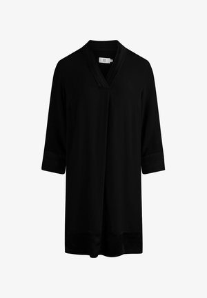 Zwarte tuniek met een V-hals en driekwart mouwen, voorzien van een gladde textuur, zijplooien en een iets langere achterzoom.