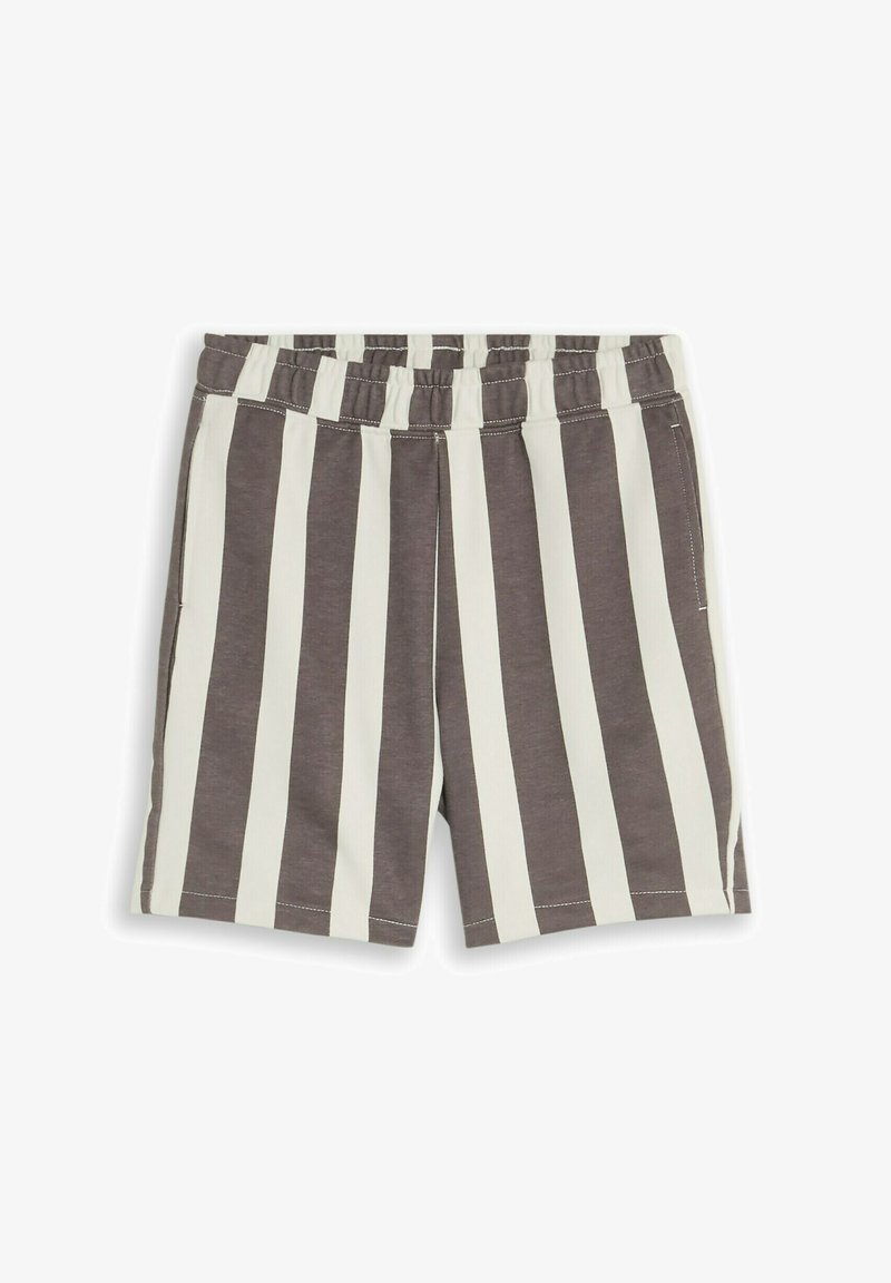 Short rayé court avec des larges rayures verticales alternées gris foncé et blanc et une ceinture élastique.