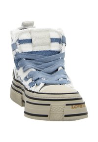 High-top sneakers with a denim upper in blue and white stripes, featuring a rubber sole, lace-up design, and a gold accent reading "LOVE NEW."
