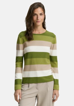 Green and beige striped long-sleeve sweater with a round neckline, made from a textured knit fabric, featuring contrasting horizontal stripes.