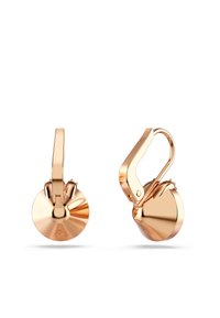 Brincos de argola em metal rosa dourado com um design circular, superfície lisa e polida, e fecho de fecho articulado.