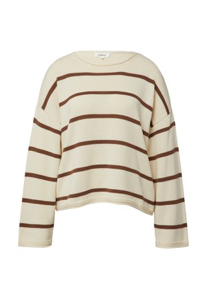 Kremowy sweter z poziomymi brązowymi paskami, luźny fason, szeroki dekolt w łódkę oraz długie rękawy, wykonany z teksturowanej dzianiny.