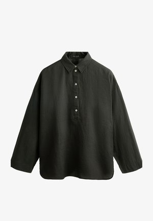 Sötétzöld, hosszú ujjú ing, szőtt anyagból készült, amely gyűrűs nyakkal, három gombos kivágással és laza, boxy fazonnal rendelkezik.
