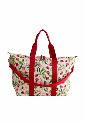 Floral-patterned duffel bag with red strawberry and green leaf designs, featuring red handles and an adjustable shoulder strap.