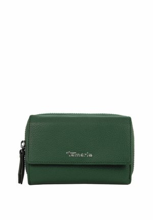 Green leather wallet with a textured finish, featuring a zip closure and a front flap. Silver logo detail on the front adds contrast.