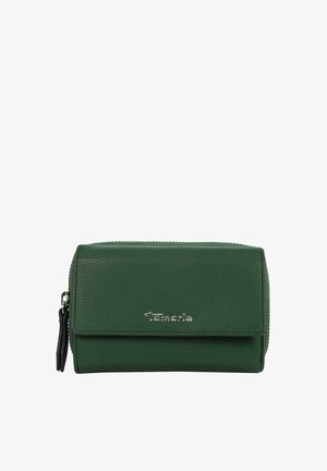 Green leather wallet with a textured finish, featuring a zip closure and a front flap. Silver logo detail on the front adds contrast.