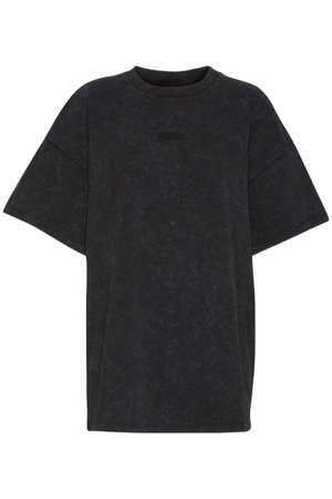 Zwarte oversized t-shirt gemaakt van een katoenmix stof. Beschikt over brede mouwen, een geribbeld ronde hals en een subtiele reliëflogo aan de voorkant.