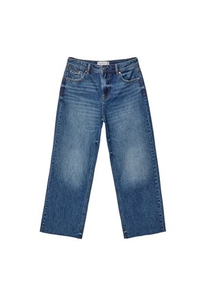 Weite blaue Denim-Jeans mit leichtem Verblassen, fünf Taschen und einem Standardbund. Der Stoff ist robust und gewebt.