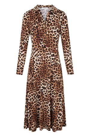 Leopardprint jurk met lange mouwen, knoopsluiting kraag, vloeiende rok en een aansluitende taille. Gemaakt van gladde stof met een zachte textuur.