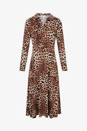 Leopardprint jurk met lange mouwen, knoopsluiting kraag, vloeiende rok en een aansluitende taille. Gemaakt van gladde stof met een zachte textuur.