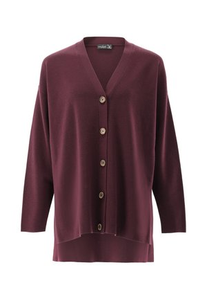 Bordeauxfarbener Cardigan mit V-Ausschnitt, langen Ärmeln und sechs braunen Knöpfen auf der Vorderseite. Weicher Stoff, lässige Passform und midi-lange Ausf�ührung.